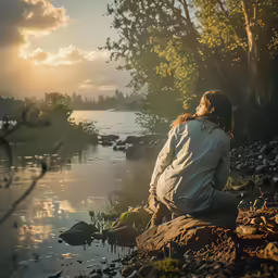 a woman sitting on a rock next to the lake
