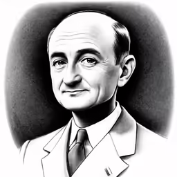 a black and white drawing of a man in suit