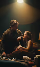 a young woman sitting on top of a bed next to a bearded man