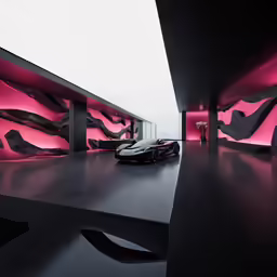 a very nice looking building with pink lights