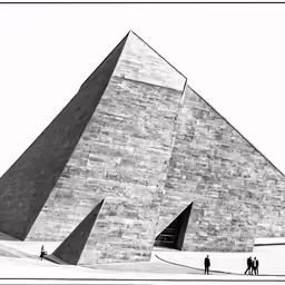a black and white photo shows people walking in front of an architectural structure