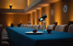 a room with blue tablecloths, chair and vase