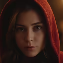 woman in hood with red jacket staring at camera