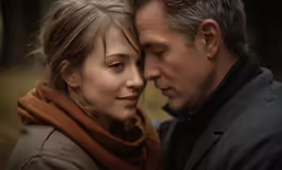 a man and woman standing next to each other in the woods