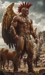 a male warrior with a bird on his chest