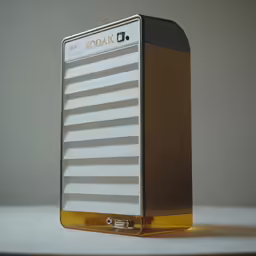 a gold box with white and black stripes is placed on the table