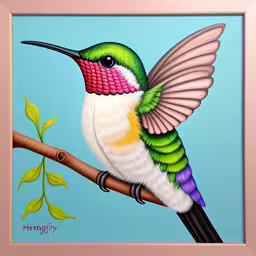 a bird sitting on a stick painting by numbers,a painting of a colorful hummingbird sitting on a branch,a painting of a hummingbird perched on a tree branch,painting of a hummingbird sitting on top of a branch,a painting of a humming bird on a tree branch