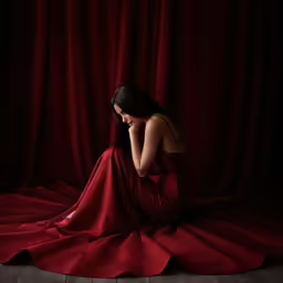 a woman is sitting in front of a red curtain