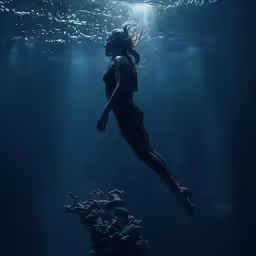 the silhouette of a woman in a short swimsuit diving underwater