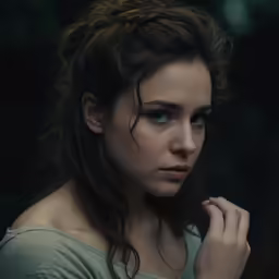 a woman with frecks and a serious look