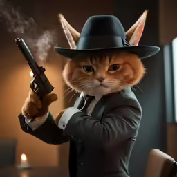 a cat dressed up as a man with a gun