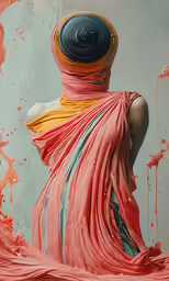 a woman covered in pink and yellow fabric with a hat on her head