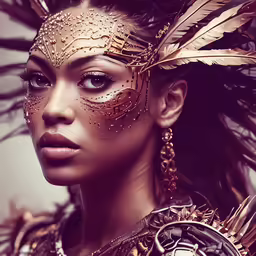 woman wearing gold make up with feathers and feathers