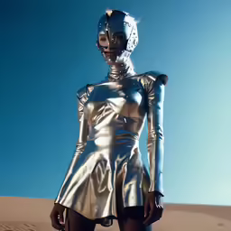 a woman dressed in metallic posing for the camera