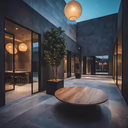 an empty building has a coffee table and round planters