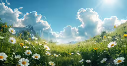 a beautiful sky with daisies in the foreground