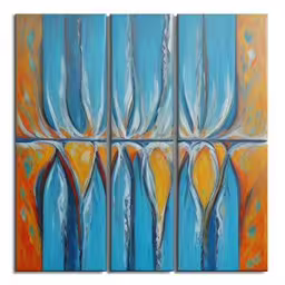 three large colorful abstract paintings in blue and orange,an abstract painting depicting yellow blue and orange
