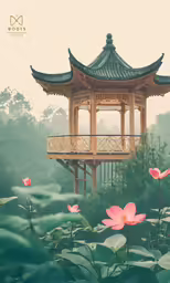 an oriental building surrounded by flowers and trees