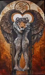 a drawing of two statues with wings that resemble two faces