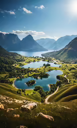 a lake surrounded by mountains near a lush green field