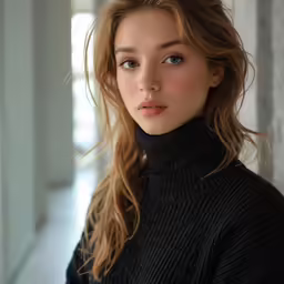 a beautiful young lady with blue eyes, long hair, and bangs