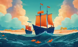 the ship floats over an ocean, with birds flying nearby,a ship floating in the ocean with orange fish