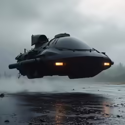 the large vehicle is suspended from its side into the sky