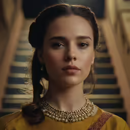 the woman in the golden dress is standing near some stairs