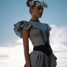 the young woman is wearing a frilly dress