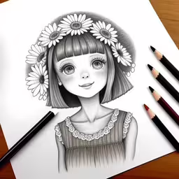 a cartoon character wearing a flower crown with flowers in her hair