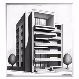 a drawing of a building on a drawing paper,a drawing of a large apartment building with multiple stories