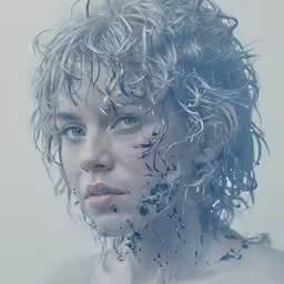 a close up shot of the face of a woman with water all over her