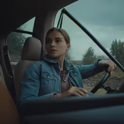 a woman driving in a vehicle under cloudy skies