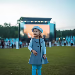a girl in a hat and coat standing on the grass near a large screen