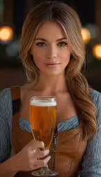 a woman holding a glass of beer in her hand