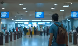 a man with a backpack looking at the baggage claim area
