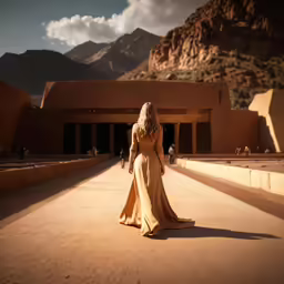 the long blonde haired woman wearing a light tan dress is walking away from a desert temple
