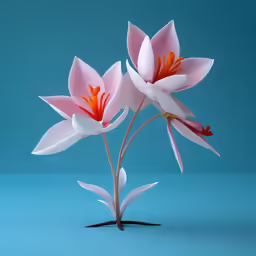 three pink flowers with leaves on a blue background
