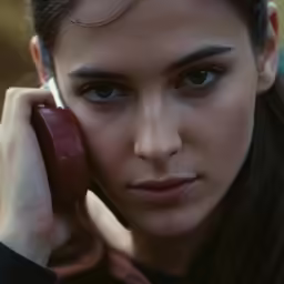 there is a woman that has blue eyes talking on the phone