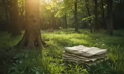 a pile of stuff sitting in the grass near a tree
