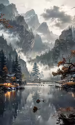 an illustration of a rocky mountain lake surrounded by a forest
