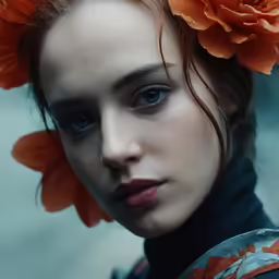 a woman with orange flowers in her hair
