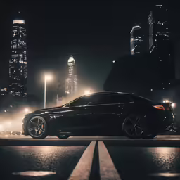 a car on a city road at night