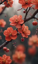the branches with flowers are covered in dew