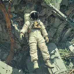 an astronaut flying over a broken tree in the sky