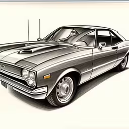 an artistic drawing of a car by itself,this drawing depicts a muscle car in a simple manner