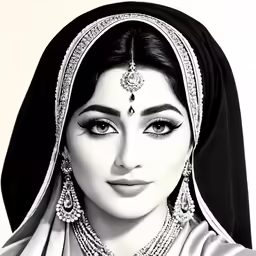 a woman in black and white with a veil on her head