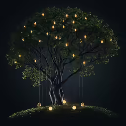 a tree with lights hanging from it on the ground