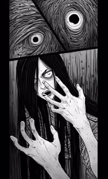 the cover to a horror book shows an evil face and hands with a large eye