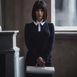 a woman in black dress holding a white purse